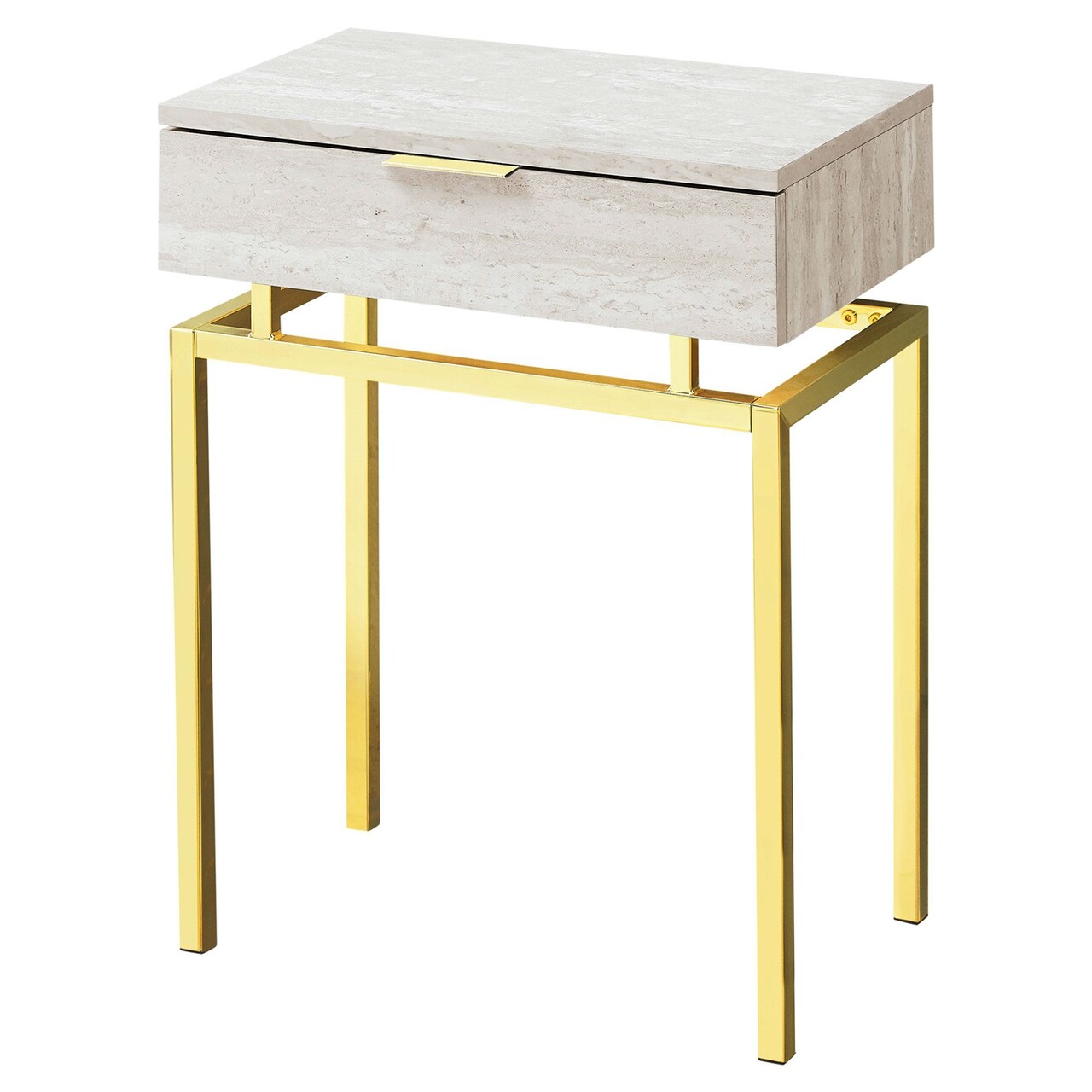 24" Modern End Table with Drawer and Beige Marble Look Top, Gold Metal Base for Bedroom